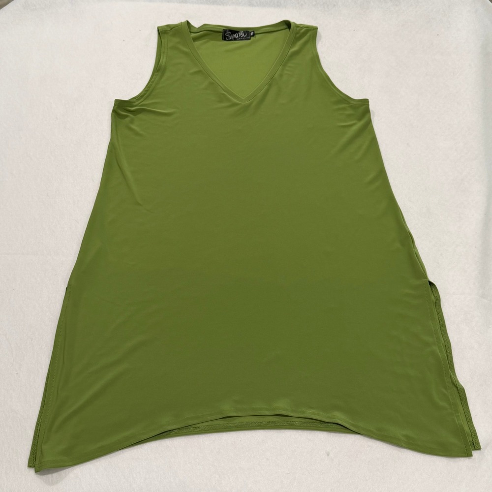 Sympli Green Tank Top Sleeveless V-Neck Tunic Side Slit Size 10 Made in Canada